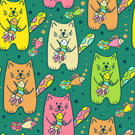 Vector seamless pattern with funny cartoon characters on the bright background. Childish texture with cute smiling hand drawing cats.のイラスト素材
