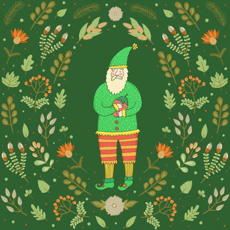 Vector forest card with cute dwarf and different leaves, berries, branches and flowers. Autumn background.のイラスト素材