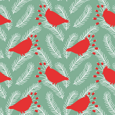 Vector seamless pattern with birds and floral elements. Vintage natural background with branches, berries and silhouettes of birds. Christmas retro texture.のイラスト素材
