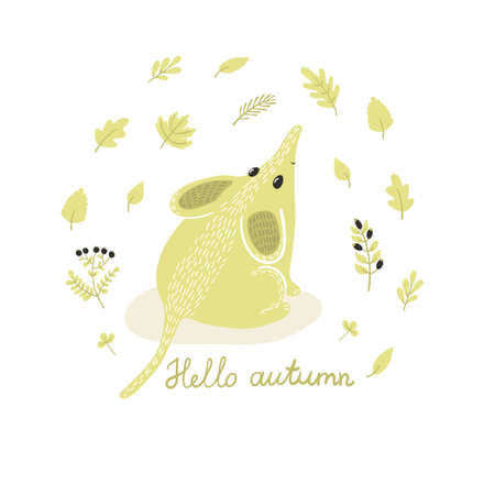 Vector card with cute mouse and autumn floral elements: leaves, branches and berries. Natural hand drawing background with animals in the forest. Retro background.のイラスト素材