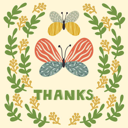 Vector card with word "Thanks", frame from different branches and butterflies. Retro background with insects.のイラスト素材