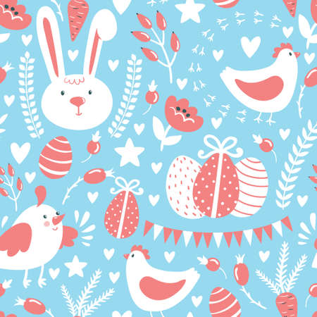 Vector seamless pattern with cute bunny, hen and chick, eggs, hearts, stars, carrots, branches and flowers. Hand drawing easter texture.のイラスト素材