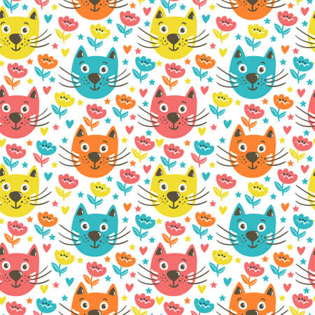 Vector bright seamless pattern with funny cats, hearts, stars, flowers. Cute cartoon characters. Hand drawing childish background.のイラスト素材