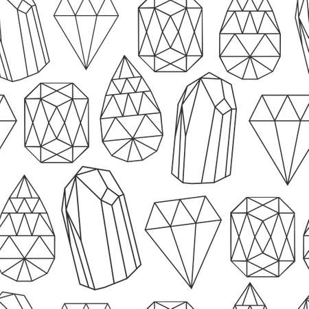Vector seamless pattern with different gemstones on white background. Stylish rustic texture. Black and white retro design.のイラスト素材