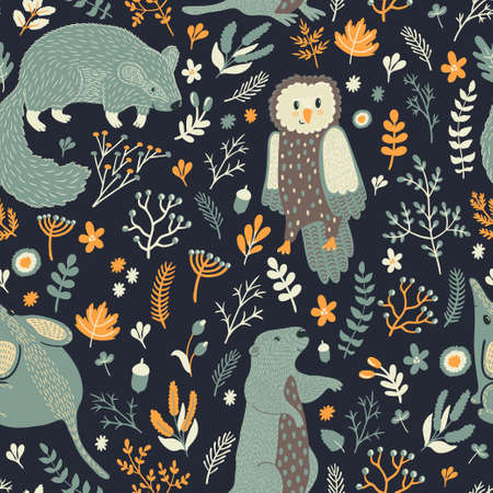 Vector seamless pattern with cute animals and floral elements: leaves, berries, branches, nuts, acorns and flowers. Natural hand drawing texture with marmot, mouse, owl and groundhog in the forest.のイラスト素材