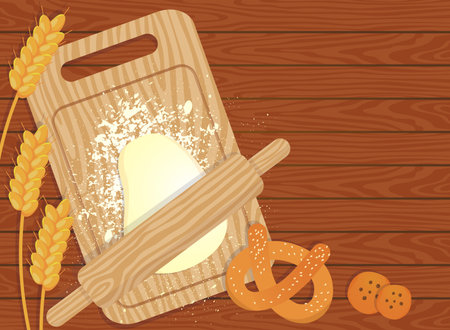Vector background with a cutting board, a rolling pin, the ears of wheat and the cookies on the wooden table. Bakery background. Cartoon design.のイラスト素材