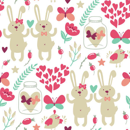 Vector seamless pattern with cute bunnies, bird, hearts, stars, butterflies, branches, flowers, berries, jars. Hand drawing romantic texture. Cute cartoon characters. Bright childish background.のイラスト素材