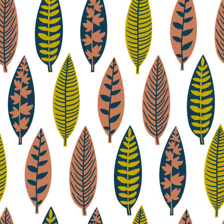 Vector seamless pattern with different stylish leaves. Natural floral hand drawing texture.のイラスト素材