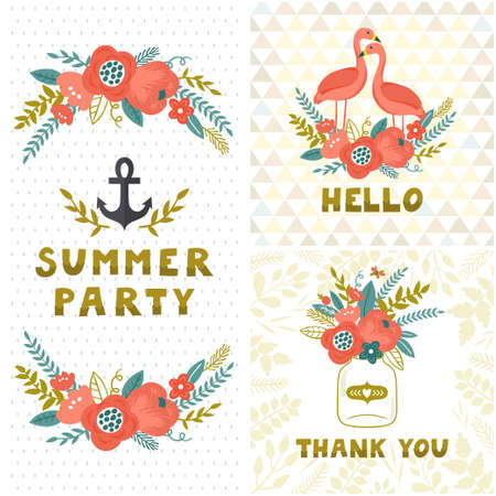 Vintage summer set. Floral backgrounds with flowers, flamingos, jar with bouquet, anchor and stylish golden text. Invitation template.のイラスト素材