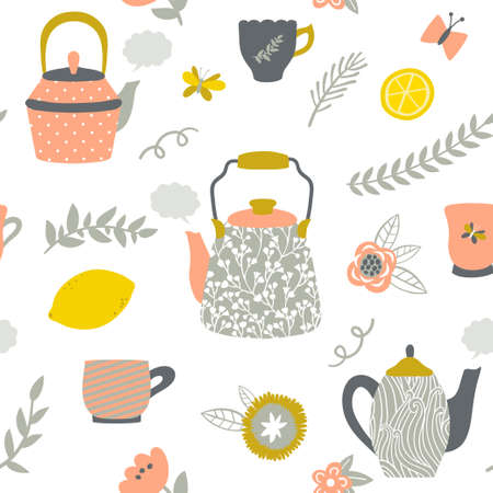 Vector seamless pattern with teapots, cups, lemon, flowers and branches. Hand drawing vintage texture. Retro tea background.のイラスト素材
