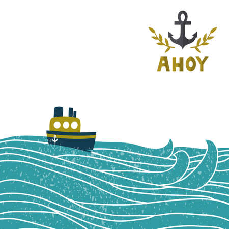 Vector sea background with waves, ship anchor and golden text "Ahoy". Travel childish background. Vintage summer illustration. Invitation template.のイラスト素材