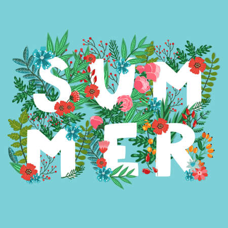 Vector card with word "Summer" made from different floral elements: flowers, berries, leaves, branches . Floral blue background. Bright natural card.のイラスト素材