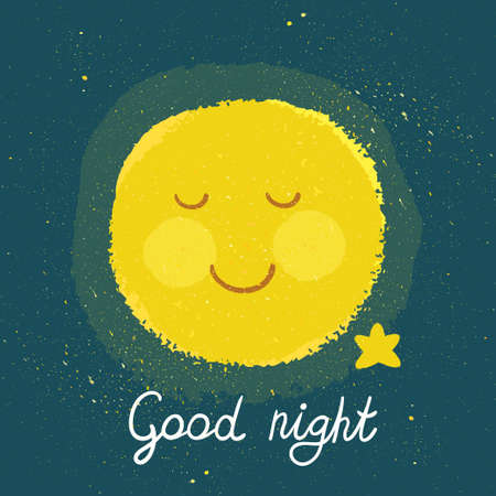 Vector background with night sky, sleeping smiling moon and star. Childish card with hand written text "Good night"のイラスト素材