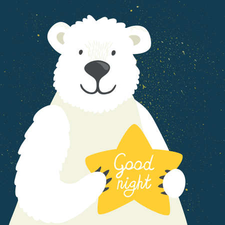Vector illustration of cute polar bear with star and hand written text "Good night". Childish background with smiling cartoon character.のイラスト素材