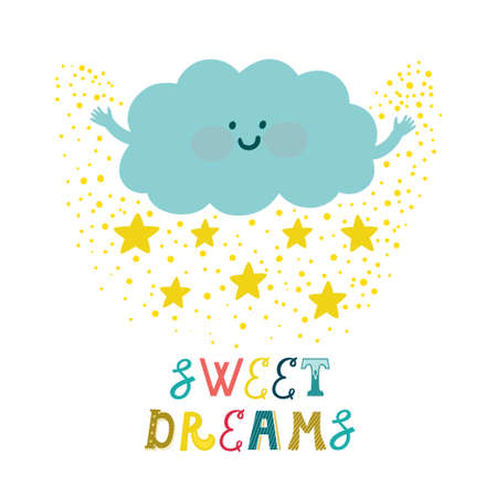 Vector background with cute smiling cloud, stars and beautiful typography "Sweet dreams". Childish card with cartoon character and textのイラスト素材