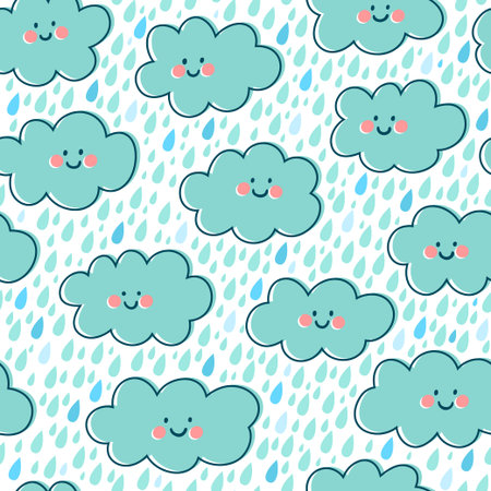 Vector seamless pattern with cute smiling clouds and rain drops. Endless hand drawing texture with...
