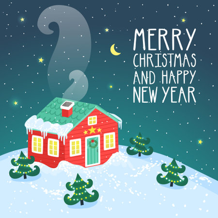 Vector holiday greeting card on night landscape. Stylish winter background.のイラスト素材
