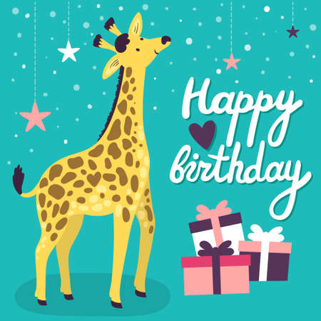 Birthday greeting card with smiling giraffe and gift boxes on blue background.のイラスト素材