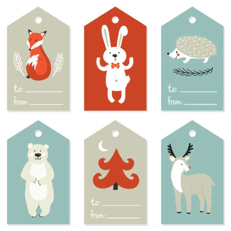 Vector set of Christmas gift tag labels with cute animals: reindeer, fox, rabbit, polar bear, urchin. Vintage cards with winter elements.のイラスト素材