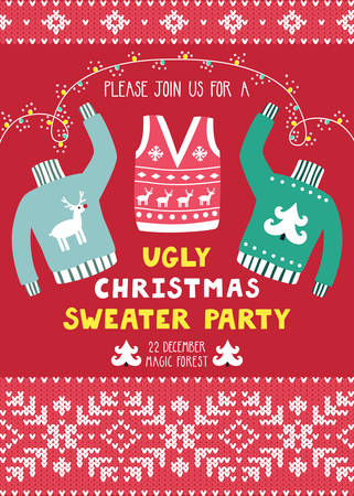 Vector invitation template with ugly sweaters, scandinavian ornaments and text "Please join us for a ugly Christmas sweater party". Holiday background with knitted elements. Christmas card.のイラスト素材