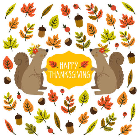 Thanksgiving card with cute squirrels, floral elements and label with text "Happy Thanksgiving".のイラスト素材