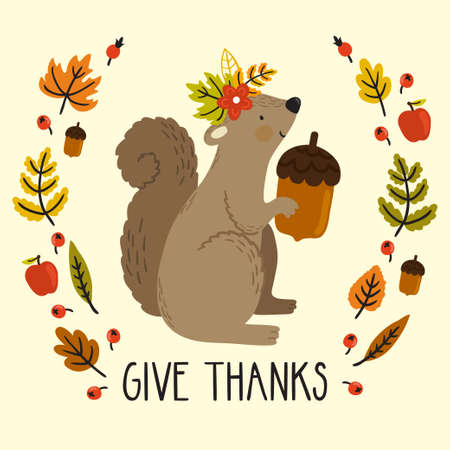 Holiday card with squirrel, acorn, autumn leaves and text "Give thanks" for Thanksgiving day.のイラスト素材