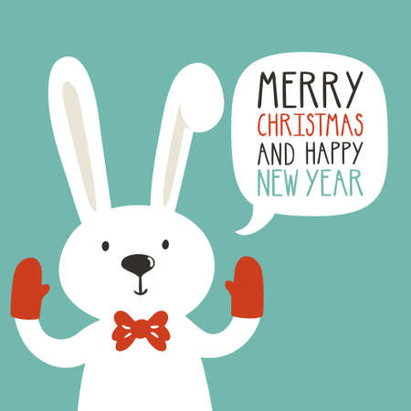 Vector holiday illustration of a cute rabbit in the mittens saying "Merry Christmas and happy New Year".のイラスト素材