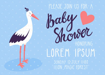 Baby shower invitation card. Cute childish background with stork and beautiful typography. Invitation card template for baby boy.のイラスト素材