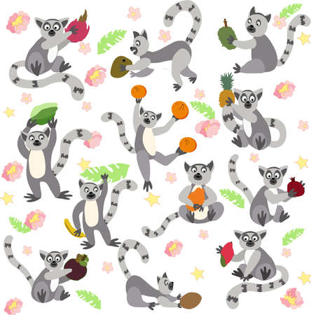 Many playful lemurs with tropical fruits. High-quality photoの写真素材