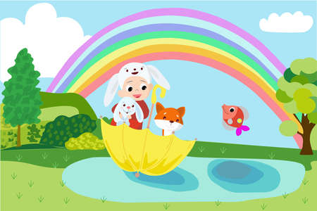 The girl with cute animals is riding.の写真素材