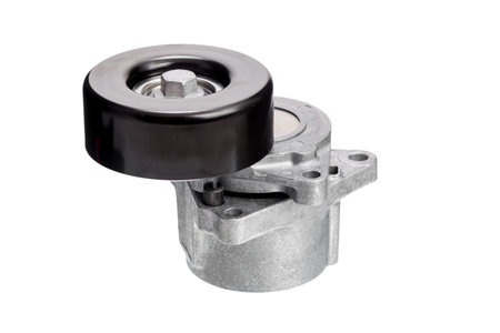 Belt tensioner for V-ribbed belt, on white background.
