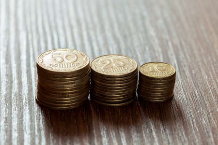 Kopeks the Ukrainian currency, coins on a wooden table.の写真素材