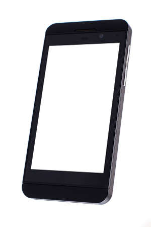 The touch phone of black color with the white empty screen isolated on a white background.の写真素材