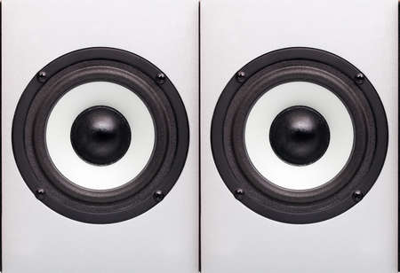 Acoustic column on a white background, nobody. The white loudspeaker with a black dome, acoustics case from a tree.の写真素材