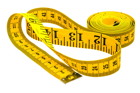 Centimeter of yellow color from fabric for measurement of length and volume on a white background.