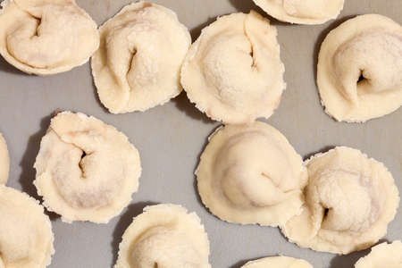 The Russian pelmeni on a gray board the crude.の写真素材