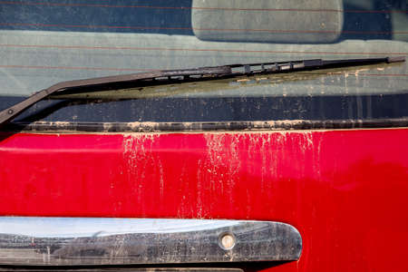 dirty rear glass of the car of red color, close up.の写真素材