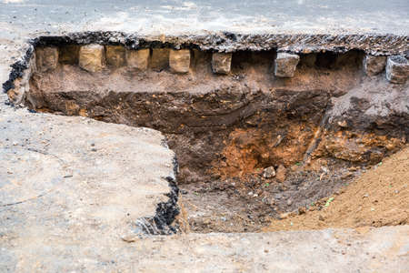 The road repair and caution with blocked barrier over concrete digging.の写真素材
