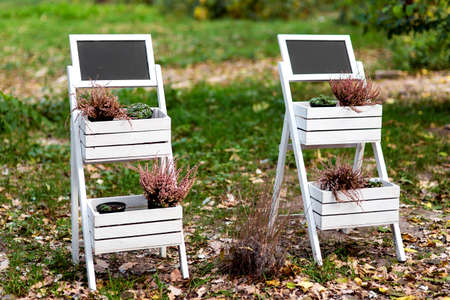 Wooden boxes with plants on the stand for the decor of the park area on the background of green grass and yellow autumn leaves.の写真素材