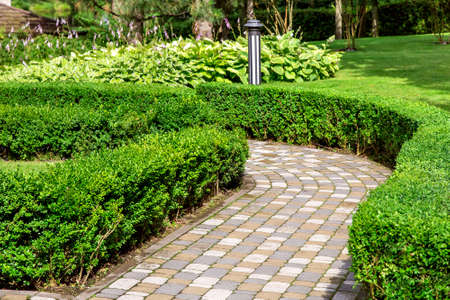 a stone tile path in a park with a hedge of evergreen deciduous shrubs and an iron lantern with a green lawn on a sunny summer day.の写真素材