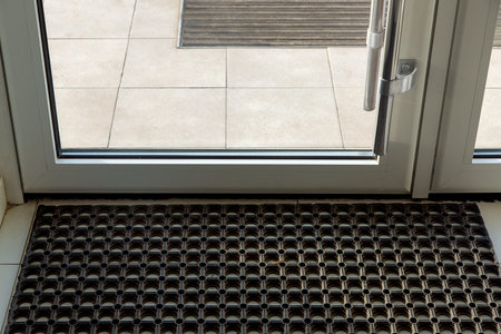 threshold with a rubber foot mat in the front glass door of the office with tiles on the floor close up.の写真素材