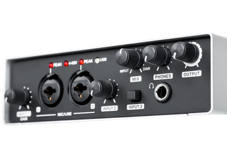 USB Audio interface front panel with volume and channel mix controls, external sound card black...