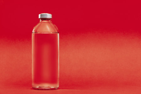 glass bottle with liquid for vaccination of patients for the treatment of health on a red background...