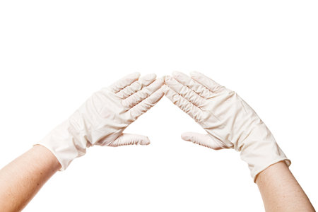 two hands in a medical sterile gloves shows palms in front of you, concept mock up isolated on white...