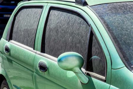 green dirty car in dust side view on the door and mirror on a sunny day, closeup background on auto theme.の写真素材