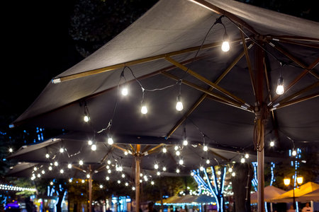 textile umbrella with a wooden frame and edison pendant lamps glowing with light on a backyard...