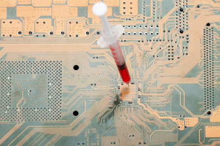 syringe with a needle filled with red vaccine against the virus vaccination circuit board intervention and chipping of humanity, conspiracy theory and total control, nobody.の写真素材
