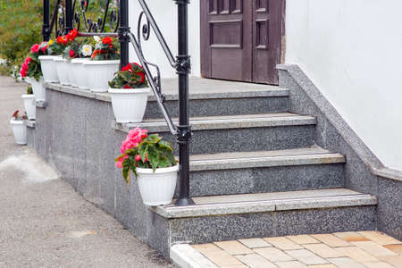 steps leading up to a threshold building of granite stairs with railing and plastic pot with floers on facade of house close up, nobody.の写真素材
