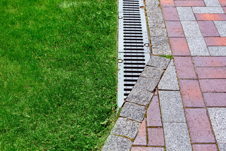 drainage grate bolted to storm drain at corner of pedestrian pavement walk way made of stone brick...