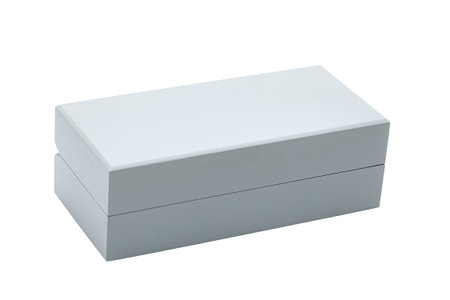 gray rectangular wooden gift box for jewelry storage, simple object isolated on white background,...